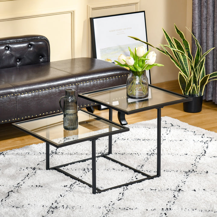 Contemporary Tempered Glass Square Coffee Side Table Metal Base for Living Sitting Room - Black