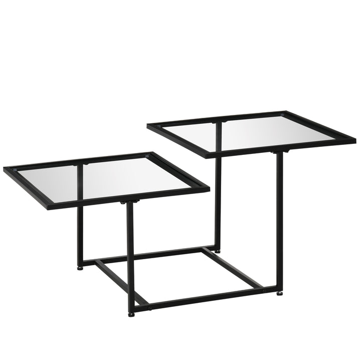 Contemporary Tempered Glass Square Coffee Side Table Metal Base for Living Sitting Room - Black