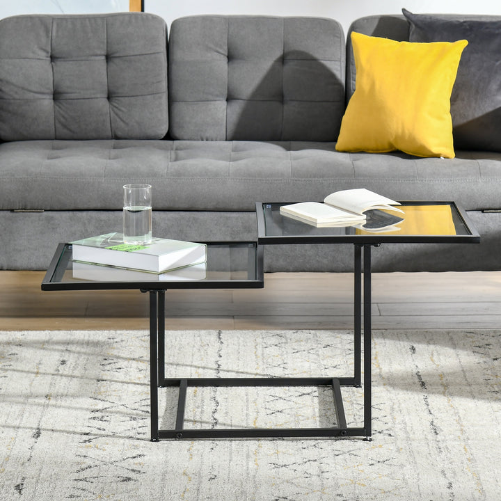 Contemporary Tempered Glass Square Coffee Side Table Metal Base for Living Sitting Room - Black