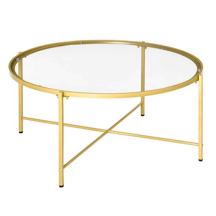 Contemporary Tempered Glass Round Coffee Accent Table Metal Base for Living Sitting Room - Gold