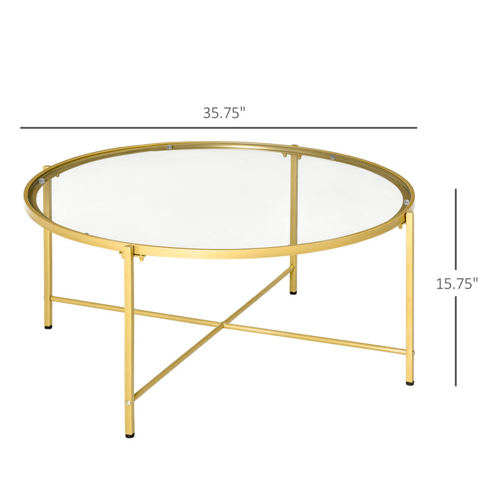 Contemporary Tempered Glass Round Coffee Accent Table Metal Base for Living Sitting Room - Gold
