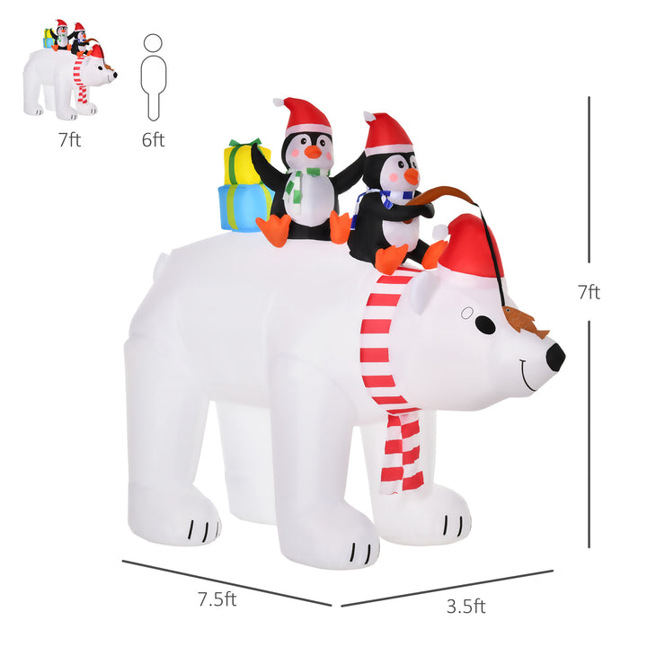 7ft Holiday Christmas Inflatable Lawn Decoration w Lights, Indoor Outdoor, Polar Bear, Penguins