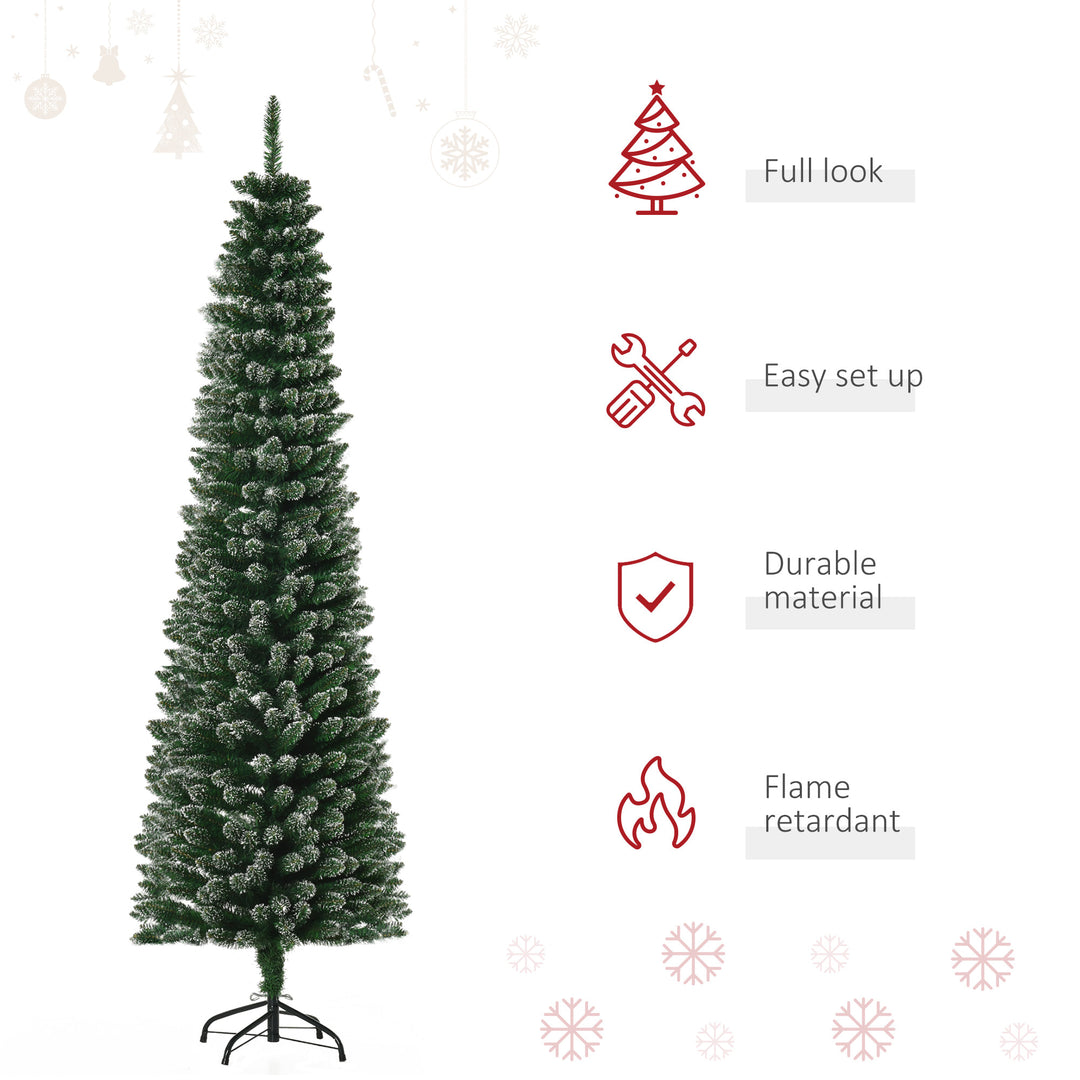 6ft 570-Tip Artificial Slim Pencil Christmas Holiday Xmas Tree w/ Snowy Tips, Base - Green