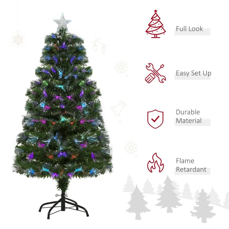 4ft Pre-Lit Multi Colour LED & Fibre Optic Artificial Christmas Holiday Tree w Base Xmas, Green