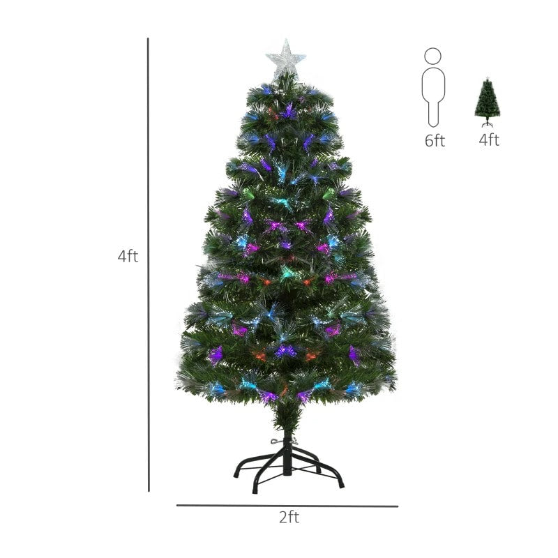 4ft Pre-Lit Multi Colour LED & Fibre Optic Artificial Christmas Holiday Tree w Base Xmas, Green