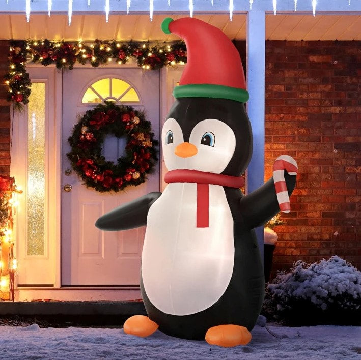 8.2ft Tall Inflatable Christmas Holiday Blow Up w LED Lights Outdoor, Penguin w Hat, Candy Cane