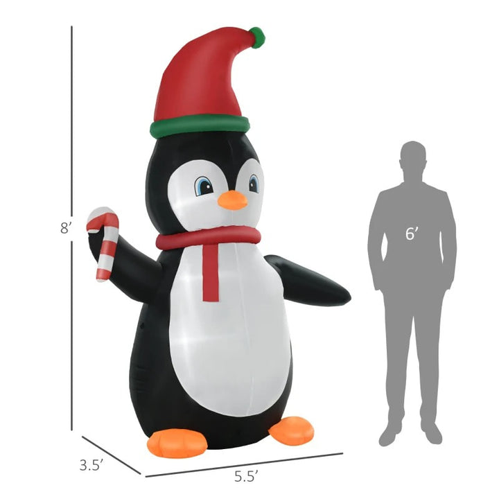 8.2ft Tall Inflatable Christmas Holiday Blow Up w LED Lights Outdoor, Penguin w Hat, Candy Cane