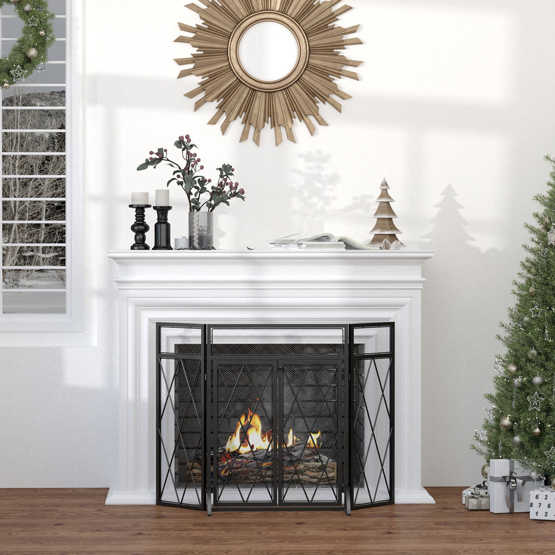 3-Panel Folding Fireplace Screen w/ Double Doors Steel Fire Spark Guard for Living Room - Black