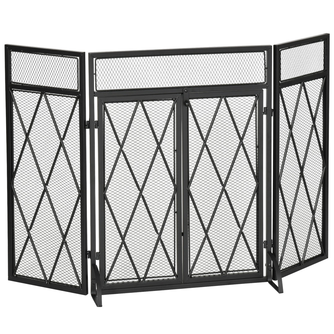 3-Panel Folding Fireplace Screen w/ Double Doors Steel Fire Spark Guard for Living Room - Black