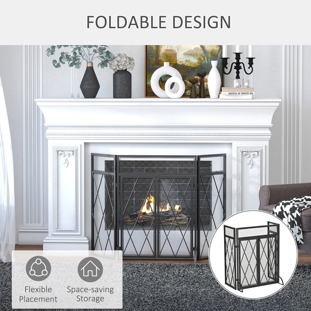 3-Panel Folding Fireplace Screen w/ Double Doors Steel Fire Spark Guard for Living Room - Black