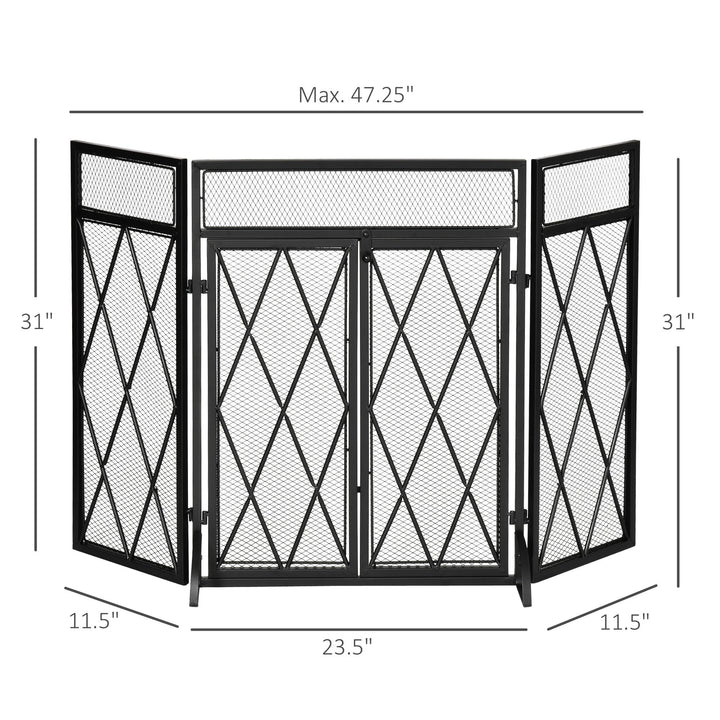 3-Panel Folding Fireplace Screen w/ Double Doors Steel Fire Spark Guard for Living Room - Black