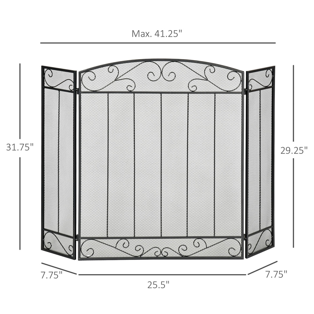 Stylish 3-Panel Folding Fireplace Screen Spark Guard w/ Vine Pattern - Black