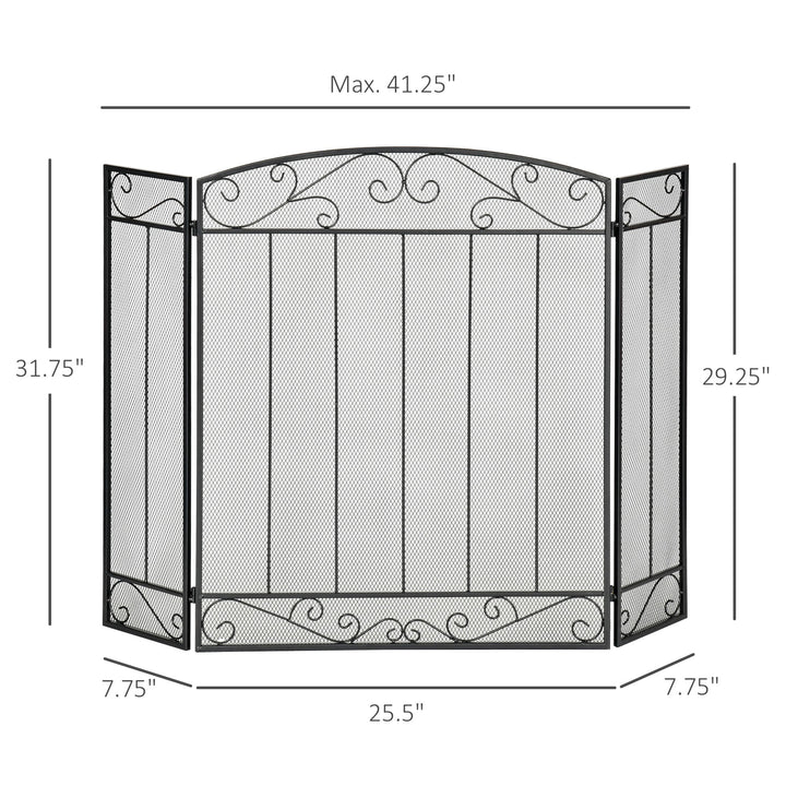 Stylish 3-Panel Folding Fireplace Screen Spark Guard w/ Vine Pattern - Black