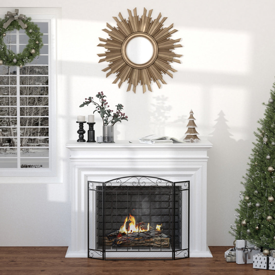 Stylish 3-Panel Folding Fireplace Screen Spark Guard w/ Vine Pattern - Black