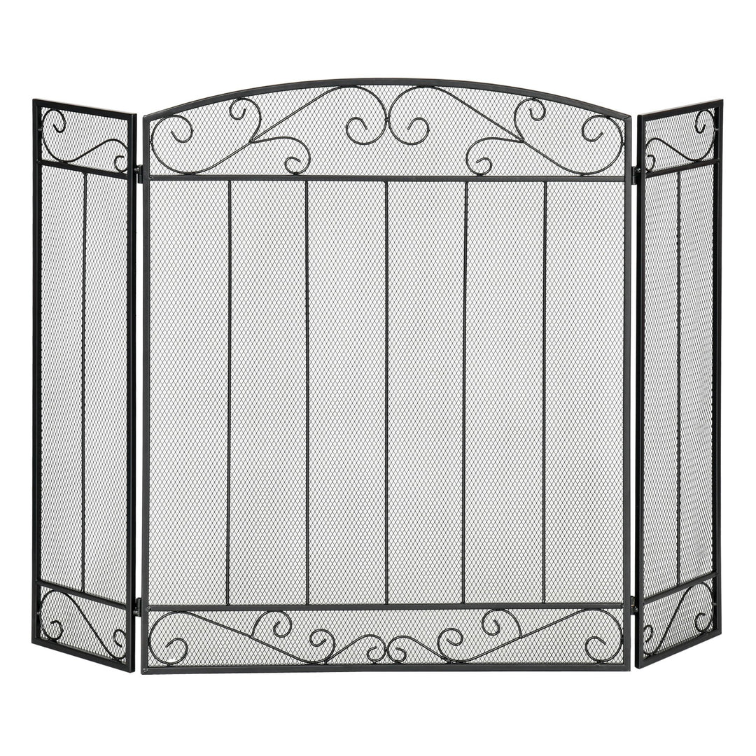 Stylish 3-Panel Folding Fireplace Screen Spark Guard w/ Vine Pattern - Black
