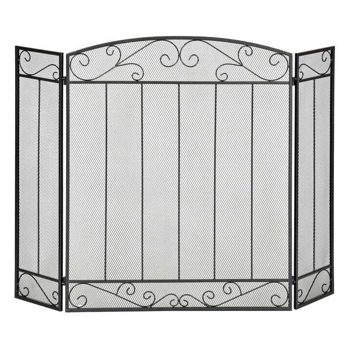 Stylish 3-Panel Folding Fireplace Screen Spark Guard w/ Vine Pattern - Black