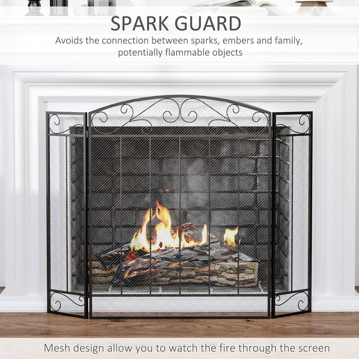 Stylish 3-Panel Folding Fireplace Screen Spark Guard w/ Vine Pattern - Black