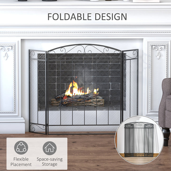 Stylish 3-Panel Folding Fireplace Screen Spark Guard w/ Vine Pattern - Black