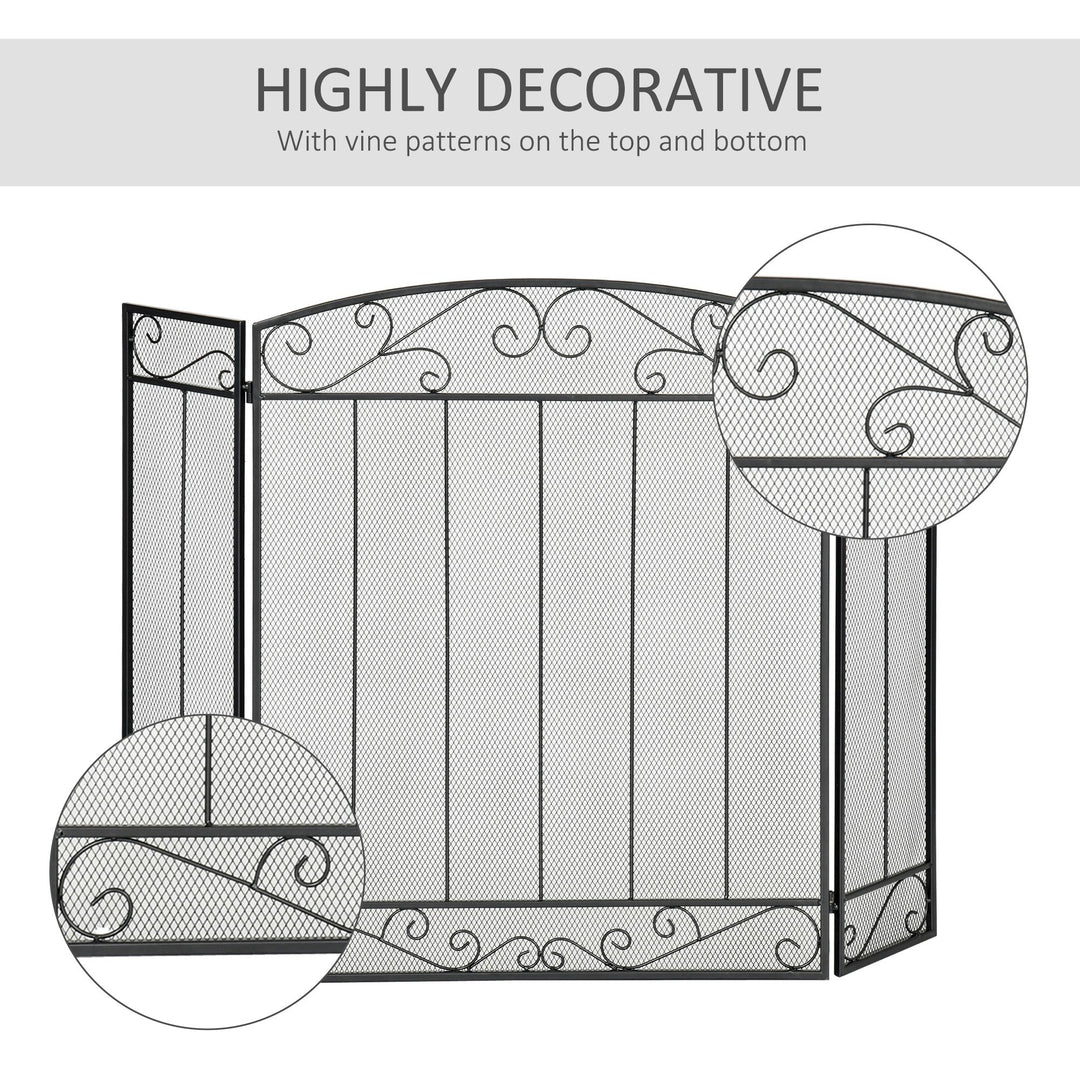 Stylish 3-Panel Folding Fireplace Screen Spark Guard w/ Vine Pattern - Black