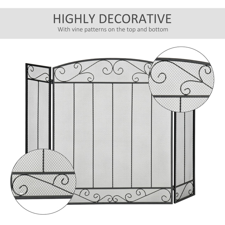 Stylish 3-Panel Folding Fireplace Screen Spark Guard w/ Vine Pattern - Black