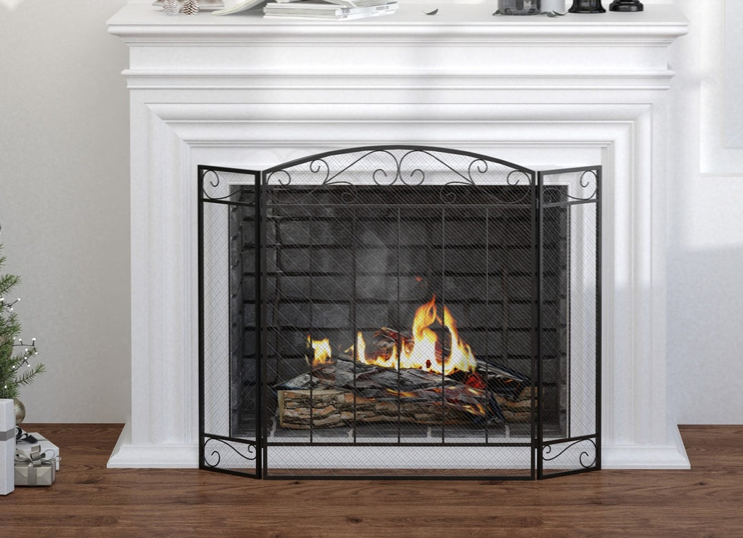 Stylish 3-Panel Folding Fireplace Screen Spark Guard w/ Vine Pattern - Black