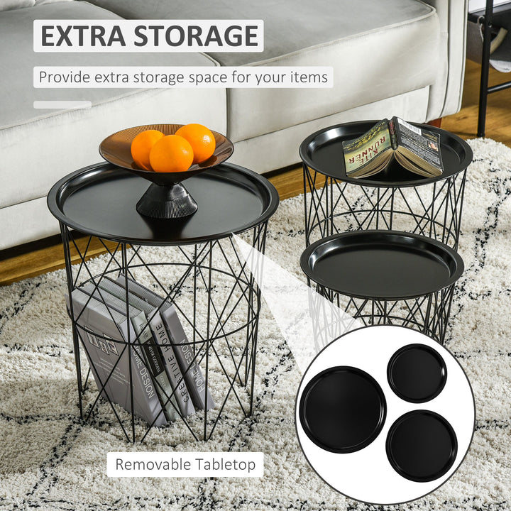 3pc Modern Trendy Nesting Coffee Accent End Tables w/ Removable Serving Top Tray - Black Metal