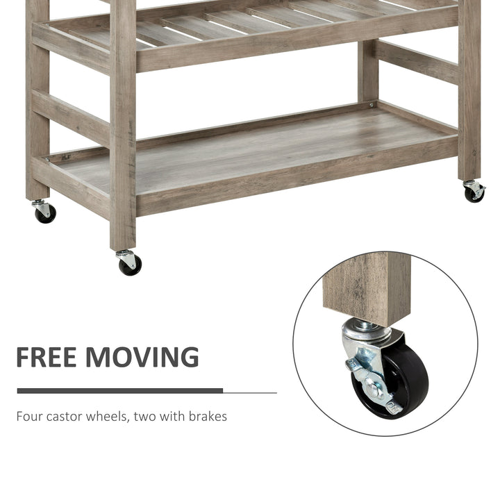 Farmhouse Kitchen Cart Rolling Island Utility Trolley w Faux Stone Top & Beverage Rack - Grey