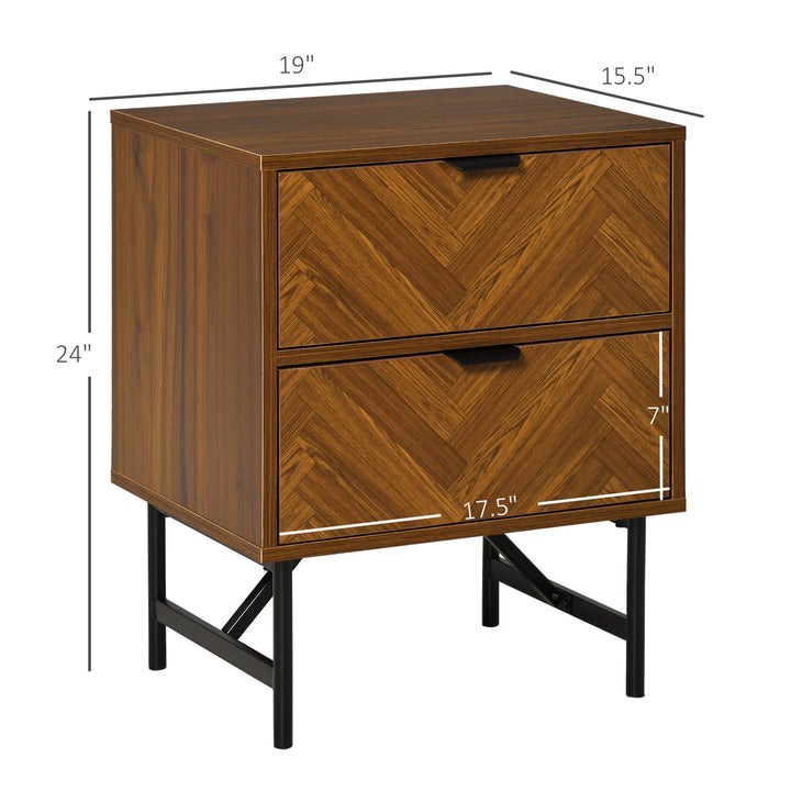 Retro Herringbone Industrial Night Side Table w 2 Drawers, Bedroom, Living Room - Walnut Brown