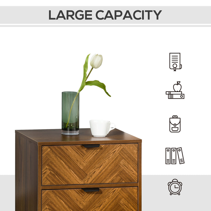 Retro Herringbone Industrial Night Side Table w 2 Drawers, Bedroom, Living Room - Walnut Brown