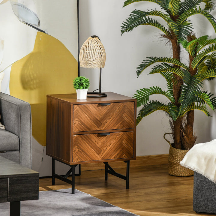 Retro Herringbone Industrial Night Side Table w 2 Drawers, Bedroom, Living Room - Walnut Brown