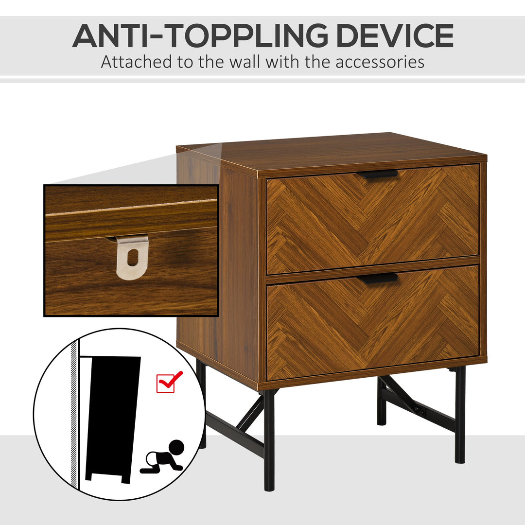 Retro Herringbone Industrial Night Side Table w 2 Drawers, Bedroom, Living Room - Walnut Brown