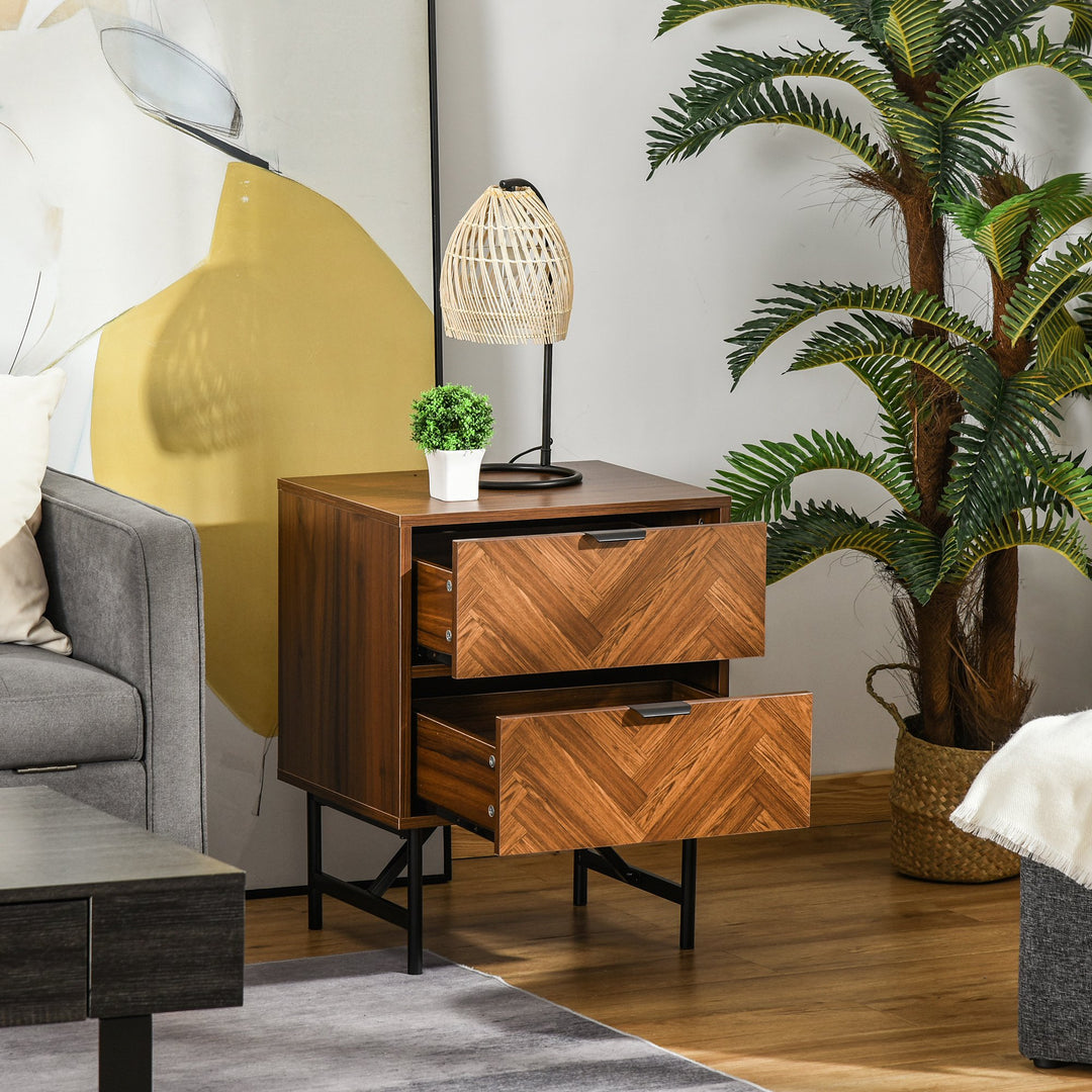 Retro Herringbone Industrial Night Side Table w 2 Drawers, Bedroom, Living Room - Walnut Brown