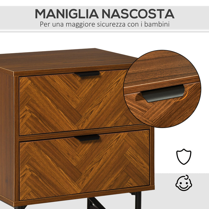 Retro Herringbone Industrial Night Side Table w 2 Drawers, Bedroom, Living Room - Walnut Brown