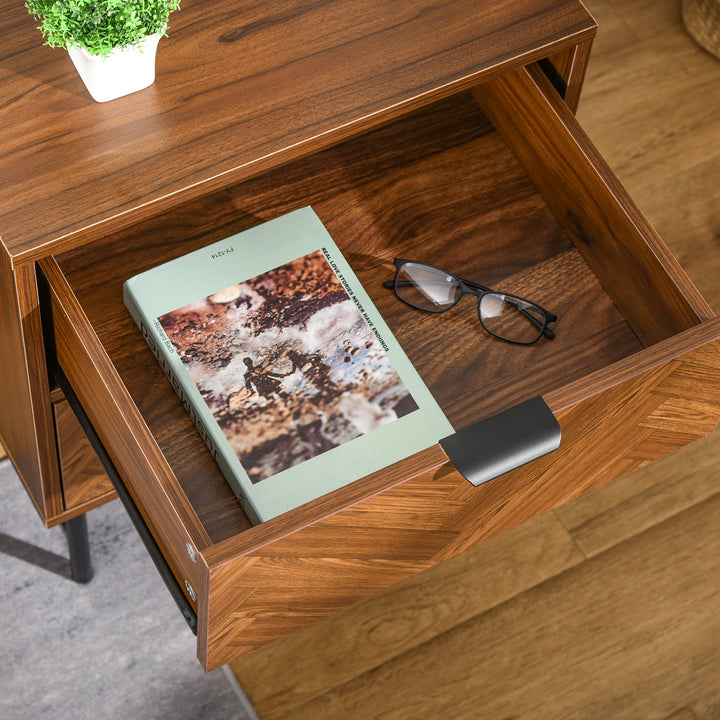Retro Herringbone Industrial Night Side Table w 2 Drawers, Bedroom, Living Room - Walnut Brown