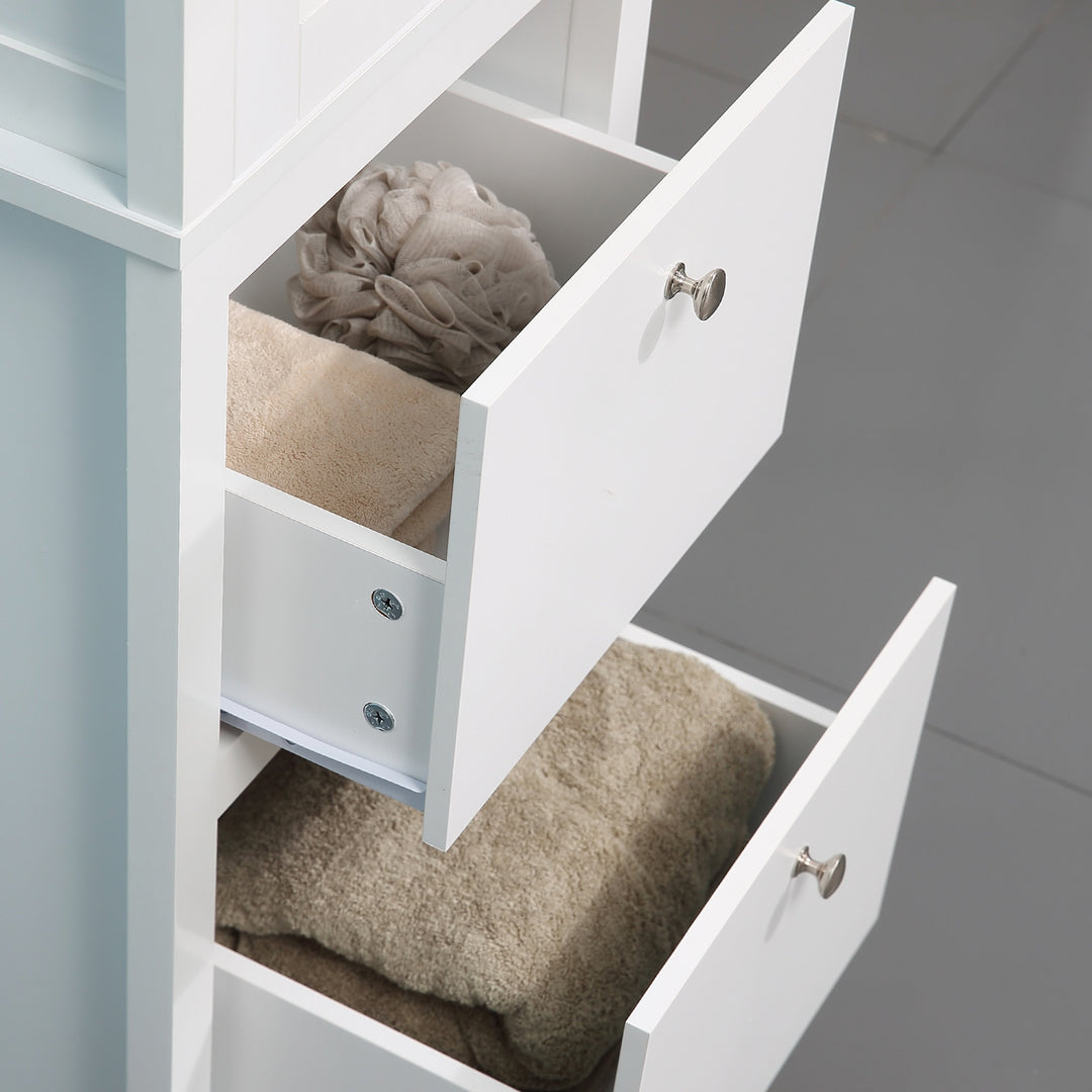 Tall Bathroom Cabinet Glass Doors, Storage Organizer Linen Tower w/ 2 Shelves 2 Drawers - White