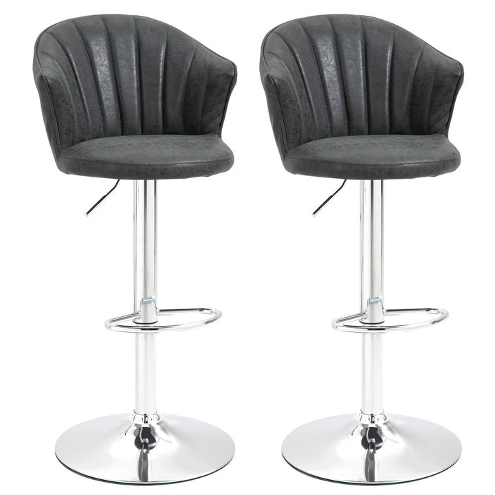 2pc Bar Stools Adjustable High Faux Leather Swivel Chairs w/ Back, Footrest - Distressed Black