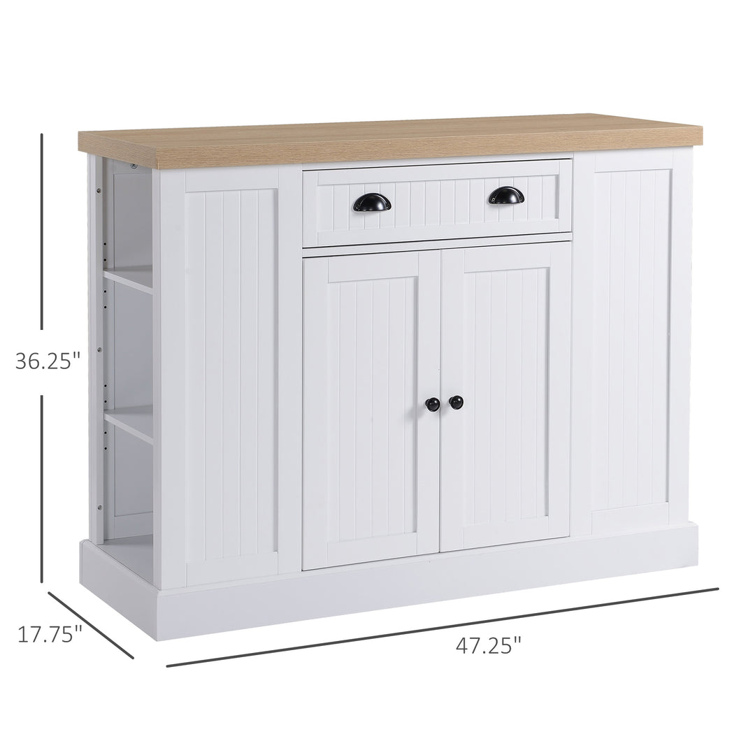 Fluted Style Wooden Kitchen Island Storage Cabinet Drawer Open and Interior Shelves - White