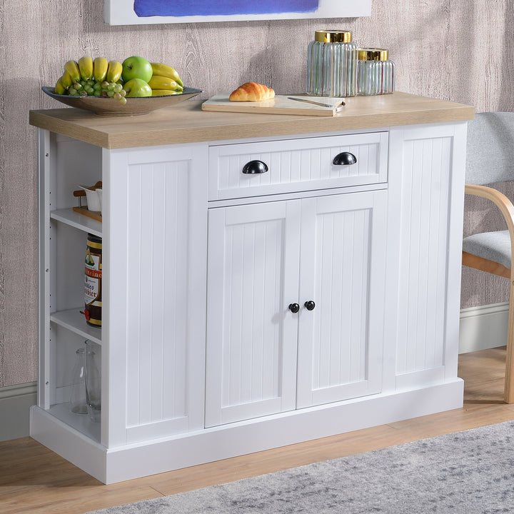 Fluted Style Wooden Kitchen Island Storage Cabinet Drawer Open and Interior Shelves - White