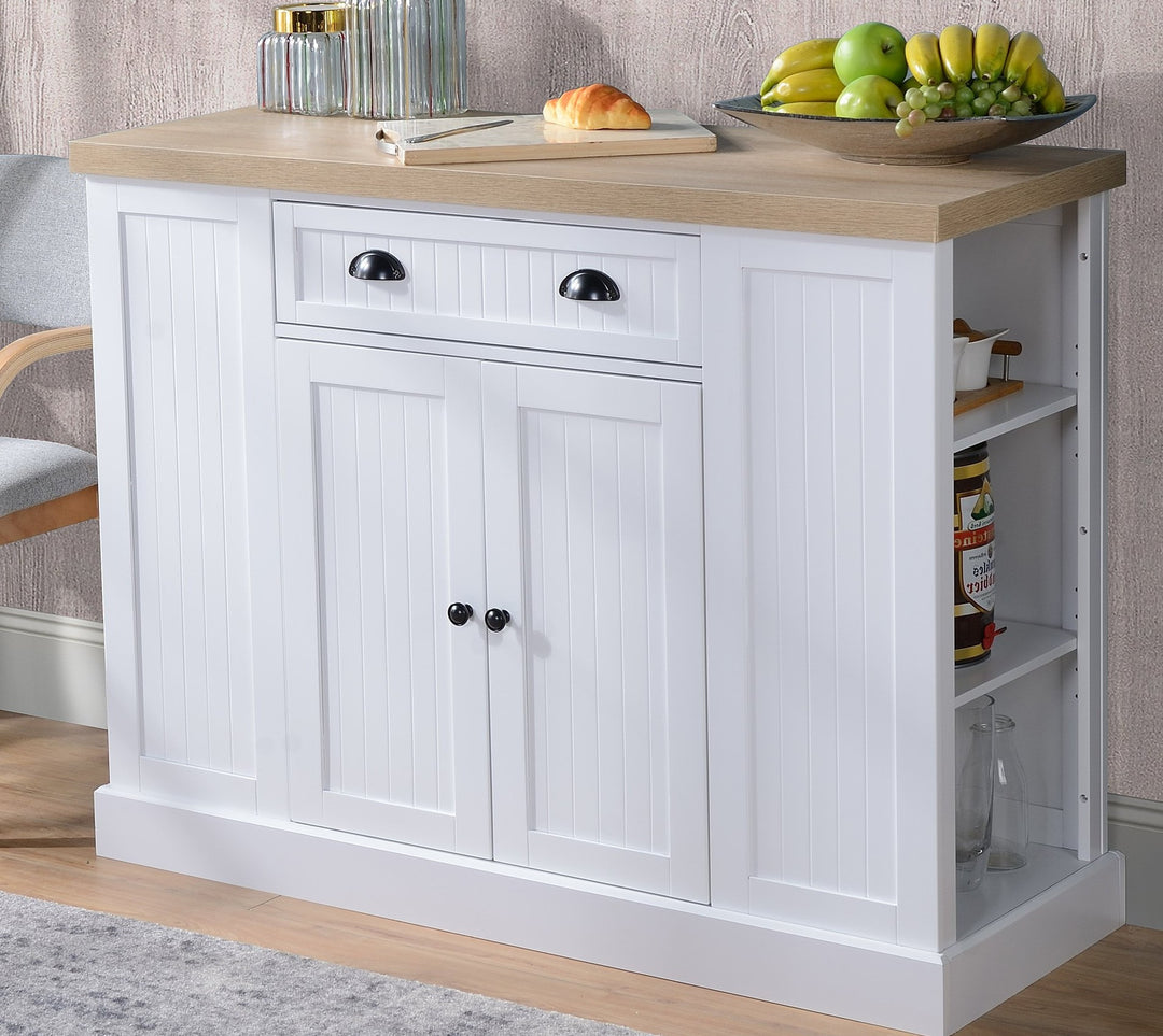 Fluted Style Wooden Kitchen Island Storage Cabinet Drawer Open and Interior Shelves - White