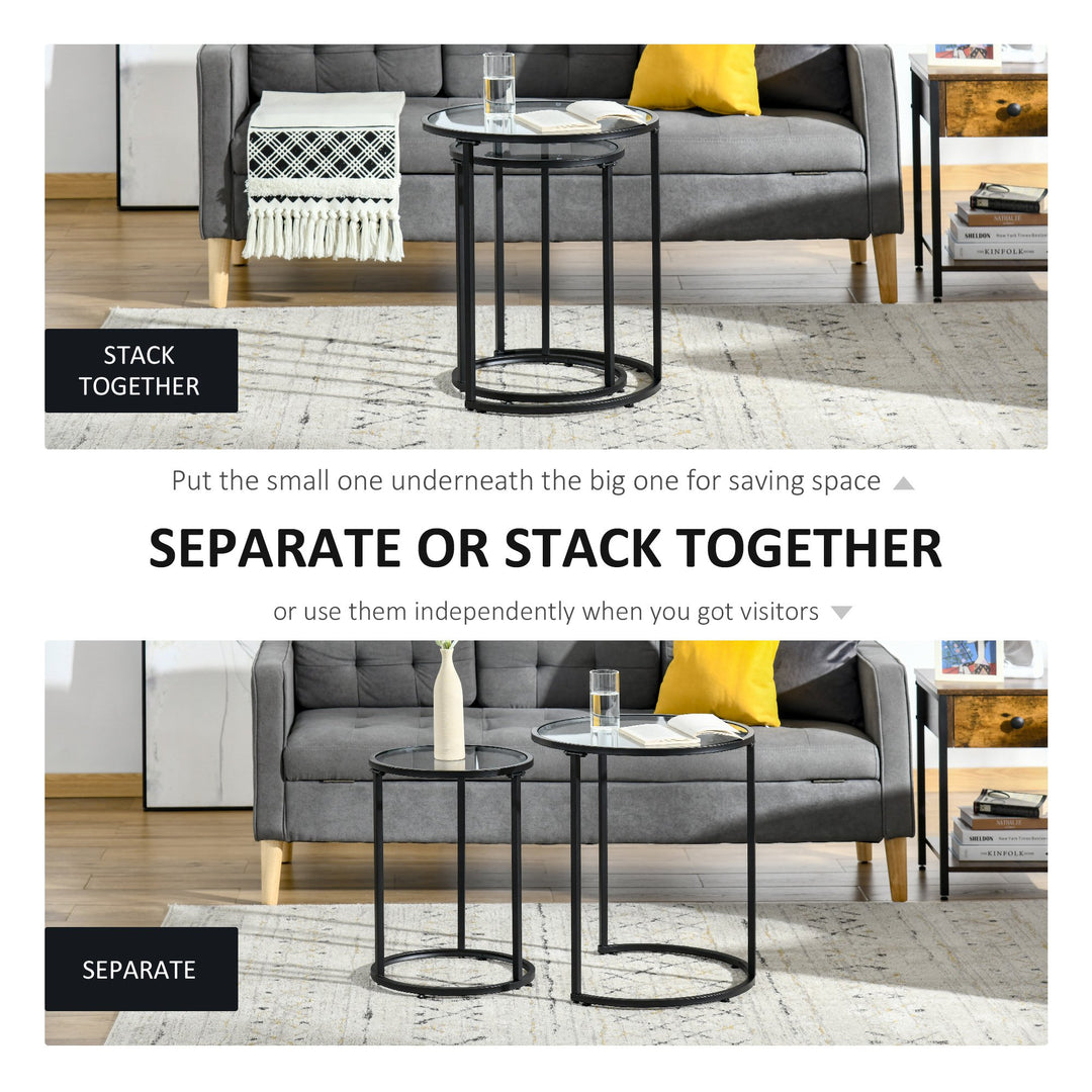 2pc Nesting Round Side Tables w Metal Base, Tempered Glass for Living Room Home Office - Black