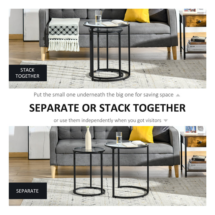 2pc Nesting Round Side Tables w Metal Base, Tempered Glass for Living Room Home Office - Black