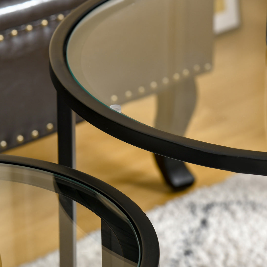2pc Nesting Round Side Tables w Metal Base, Tempered Glass for Living Room Home Office - Black