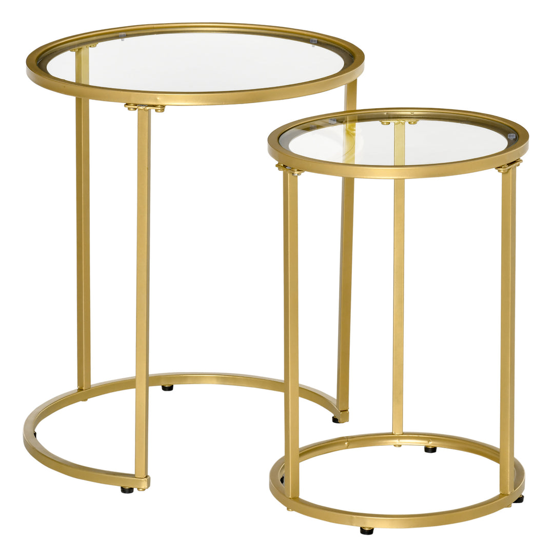 2pc Nesting Round Side Tables w Metal Base, Tempered Glass for Living Room Home Office - Gold