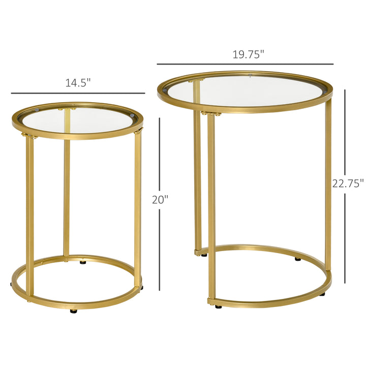 2pc Nesting Round Side Tables w Metal Base, Tempered Glass for Living Room Home Office - Gold