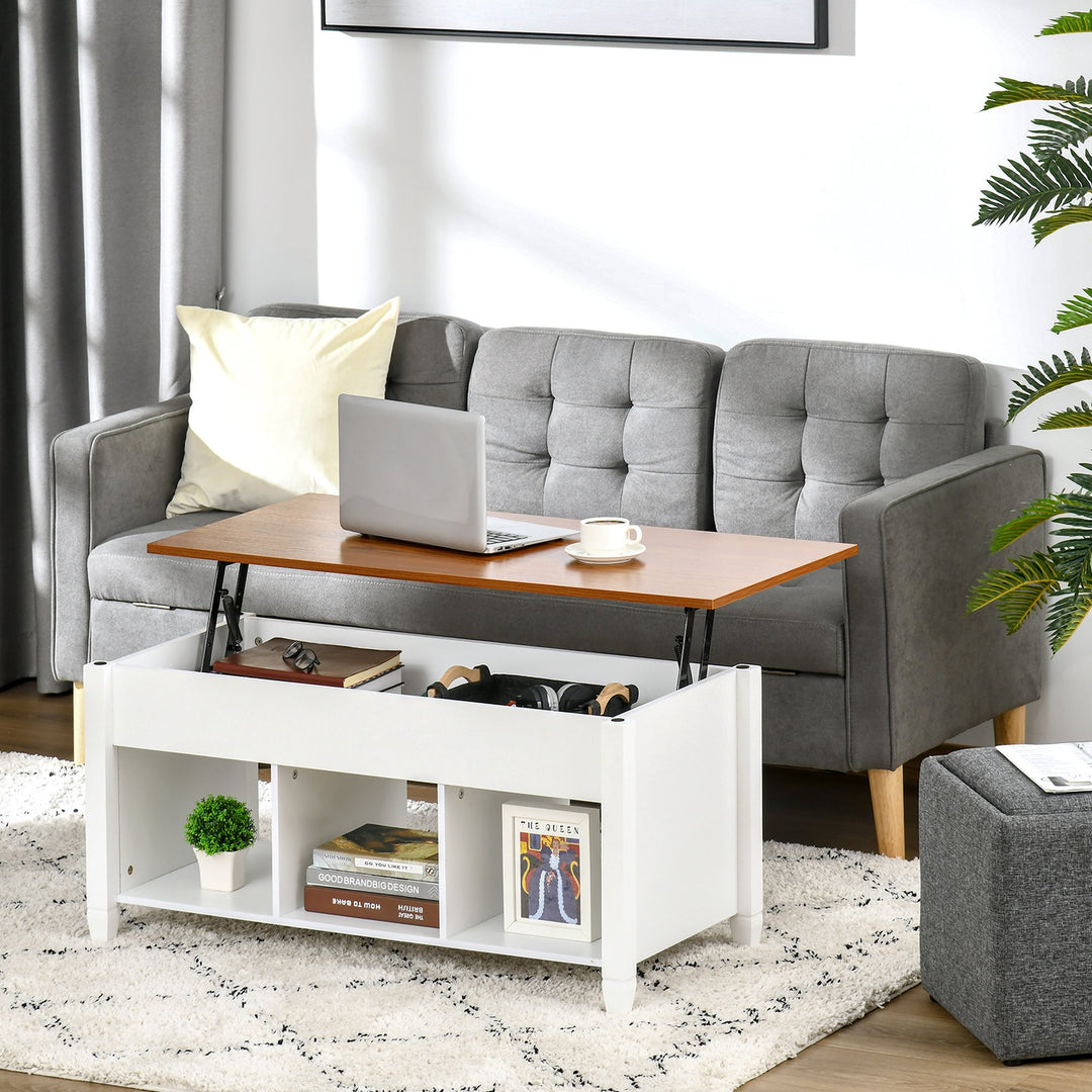 Lift Top Coffee Table w/ 3 Shelves & Hidden Storage Compartment, Living Room - White and Brown