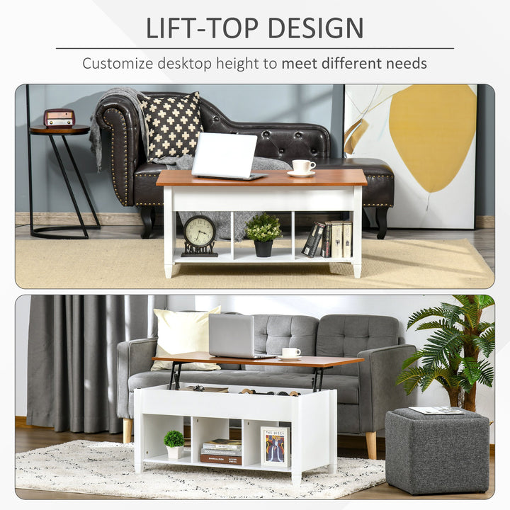 Lift Top Coffee Table w/ 3 Shelves & Hidden Storage Compartment, Living Room - White and Brown