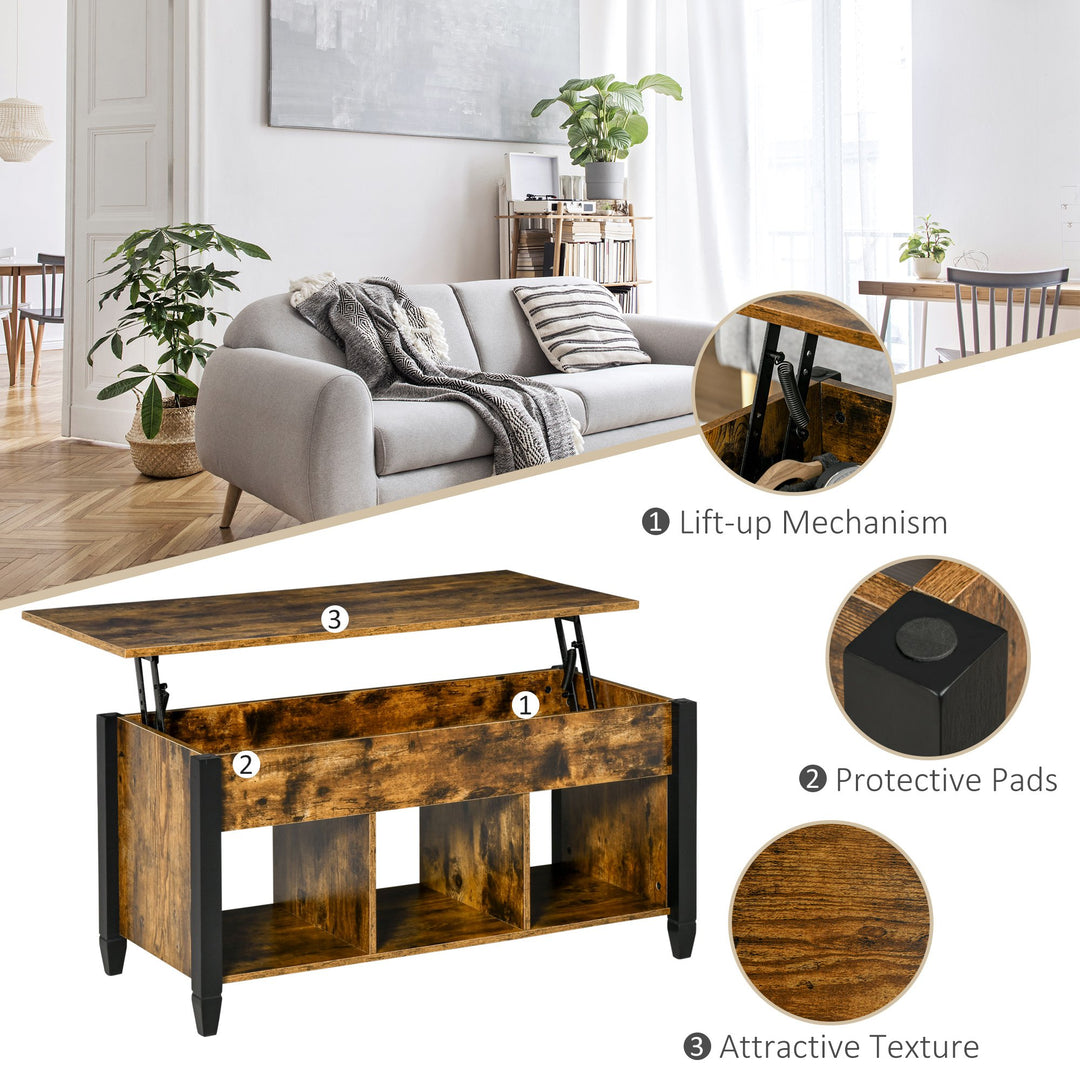 Lift Top Coffee Table w/ 3 Shelves & Hidden Storage Compartment, Living Room - Rustic Brown