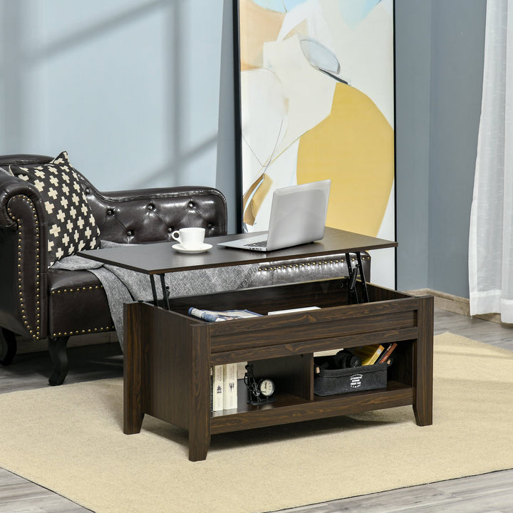 Lift Top Coffee Table w/ 2 Shelves & Hidden Storage Compartment, Living Room - Dark Walnut