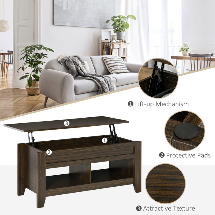 Lift Top Coffee Table w/ 2 Shelves & Hidden Storage Compartment, Living Room - Dark Walnut