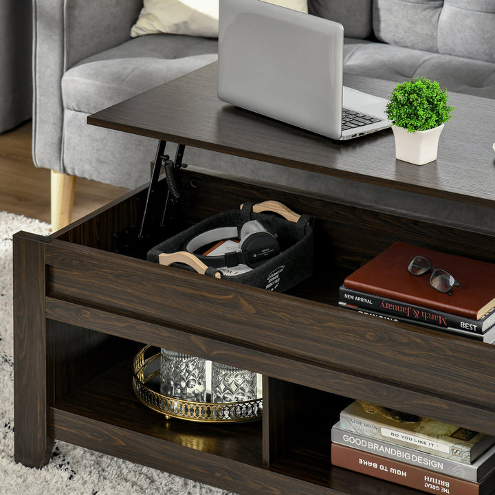 Lift Top Coffee Table w/ 2 Shelves & Hidden Storage Compartment, Living Room - Dark Walnut